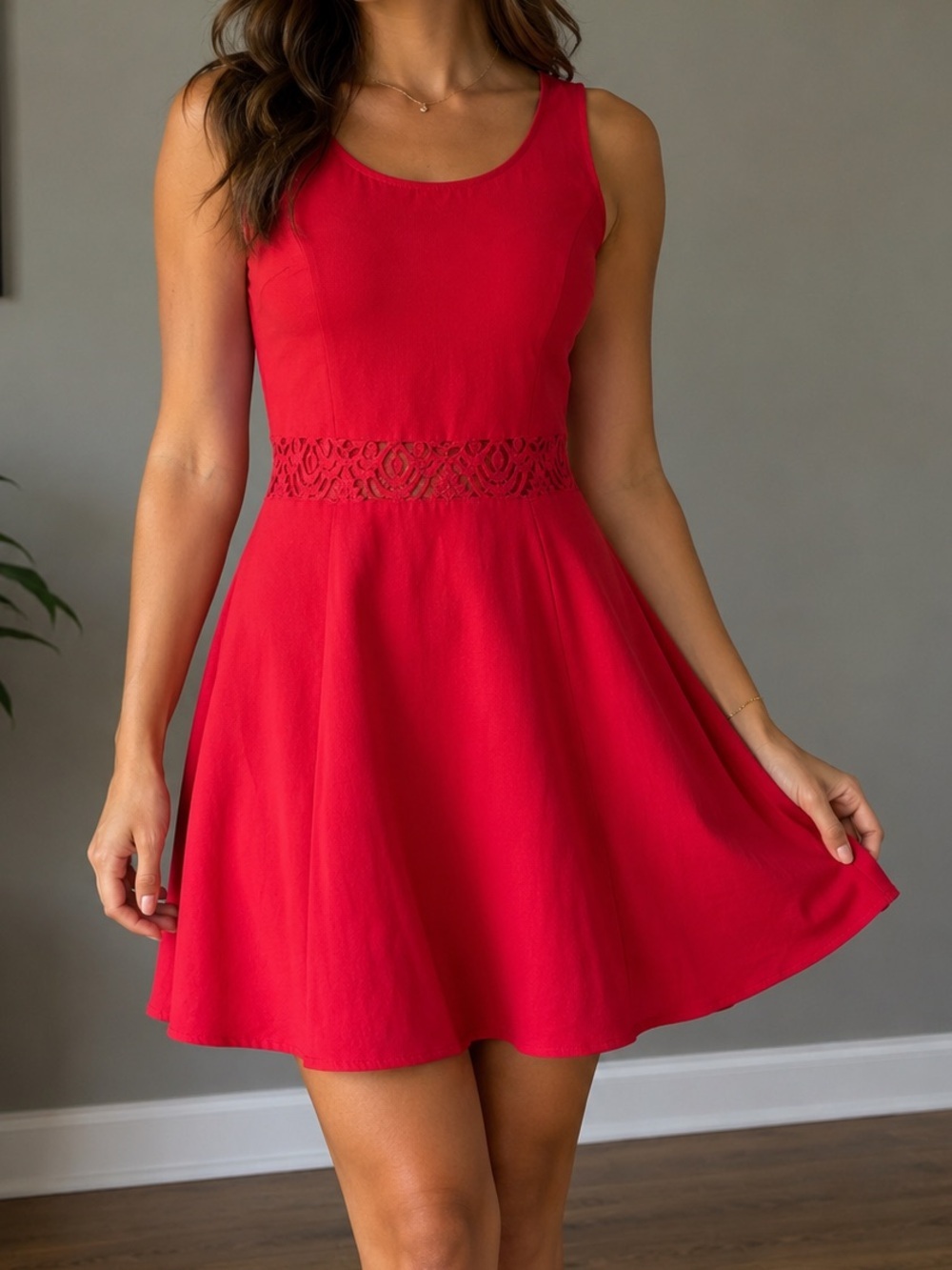 H&M Bright Red Fit & Flare Lace Waist Dress Size 14